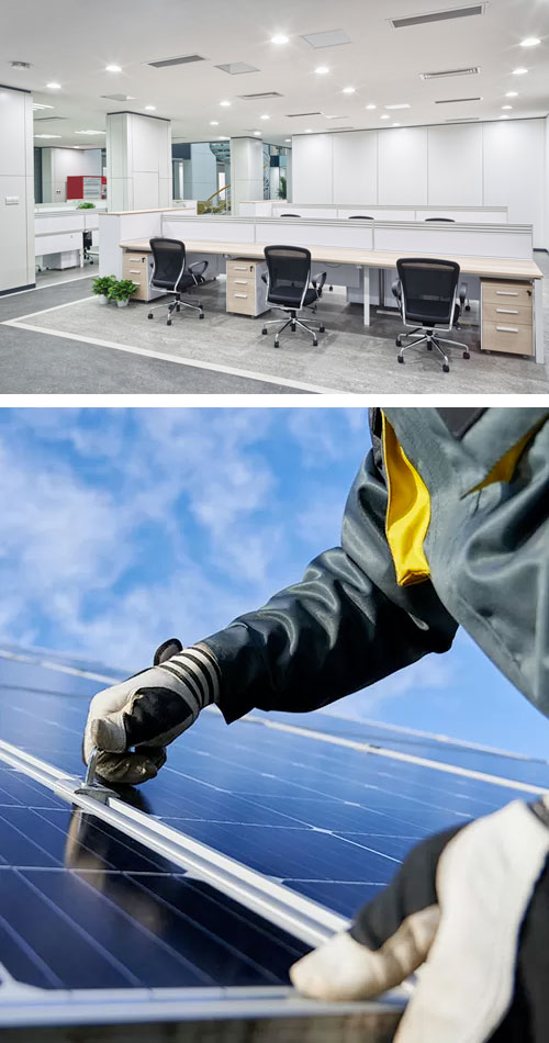 split picture of office desk set up with led lights and solar panels being fixed to a roof, close up